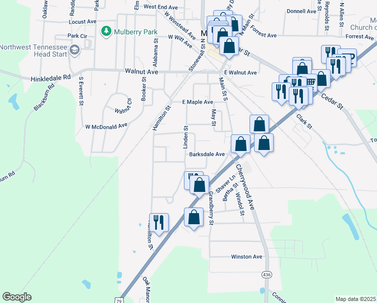 map of restaurants, bars, coffee shops, grocery stores, and more near 80 Linden Street in McKenzie