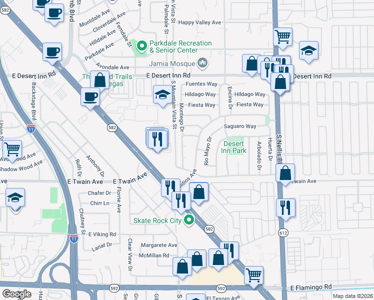 map of restaurants, bars, coffee shops, grocery stores, and more near 4653 Montego Circle in Las Vegas