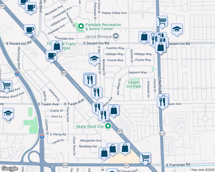 map of restaurants, bars, coffee shops, grocery stores, and more near 4653 Montego Circle in Las Vegas