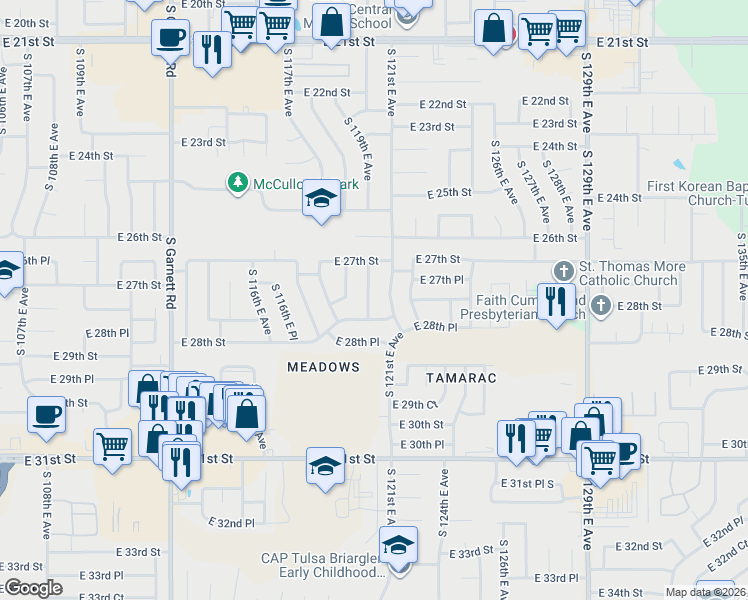 map of restaurants, bars, coffee shops, grocery stores, and more near 2737 South 120th East Avenue in Tulsa