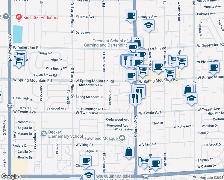 map of restaurants, bars, coffee shops, grocery stores, and more near 3552 Bronco Rd in Las Vegas