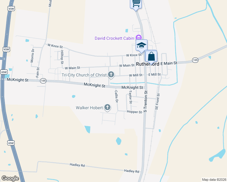 map of restaurants, bars, coffee shops, grocery stores, and more near 105 Callis Dr in Rutherford