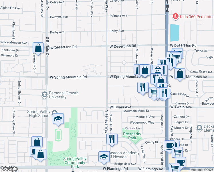 map of restaurants, bars, coffee shops, grocery stores, and more near 3558 South Tenaya Way in Las Vegas
