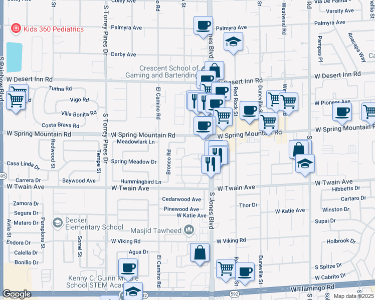 map of restaurants, bars, coffee shops, grocery stores, and more near 6210 Meadow Brook Lane in Las Vegas