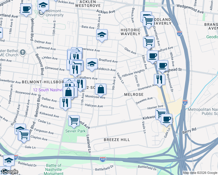 map of restaurants, bars, coffee shops, grocery stores, and more near 906 Gilmore Avenue in Nashville