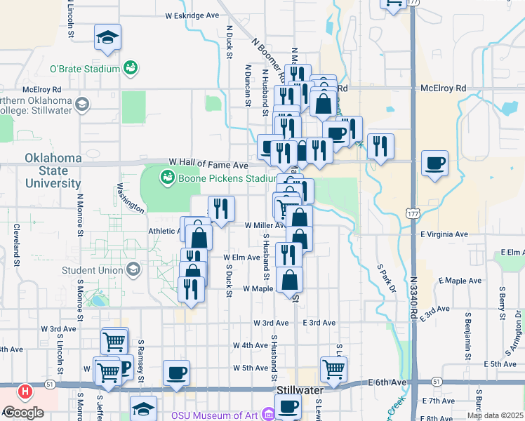 map of restaurants, bars, coffee shops, grocery stores, and more near 220 North Husband Street in Stillwater