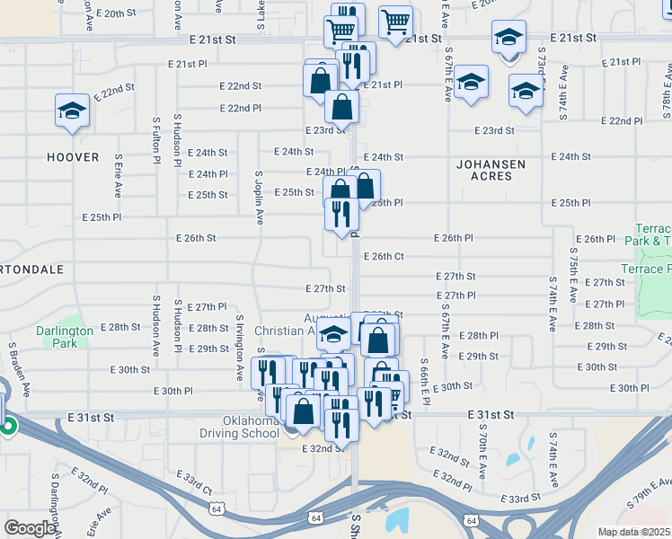 map of restaurants, bars, coffee shops, grocery stores, and more near 2639 South Norwood Avenue in Tulsa