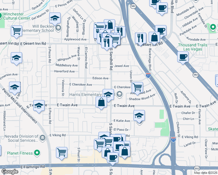 map of restaurants, bars, coffee shops, grocery stores, and more near 3617 South Sandhill Road in Las Vegas