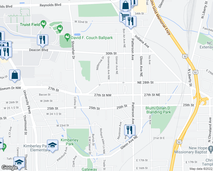 map of restaurants, bars, coffee shops, grocery stores, and more near 2728 Greenway Avenue in Winston-Salem