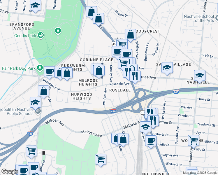 map of restaurants, bars, coffee shops, grocery stores, and more near 2202 Winford Avenue in Nashville