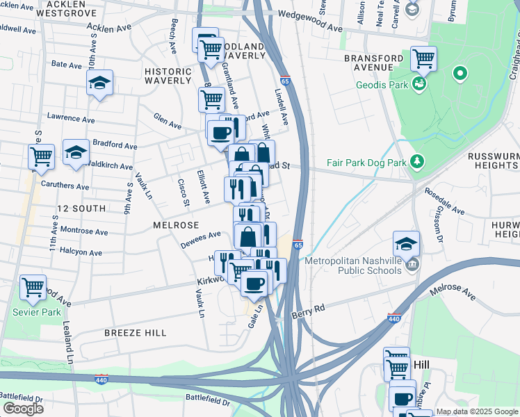 map of restaurants, bars, coffee shops, grocery stores, and more near 2610 Westwood Drive in Nashville