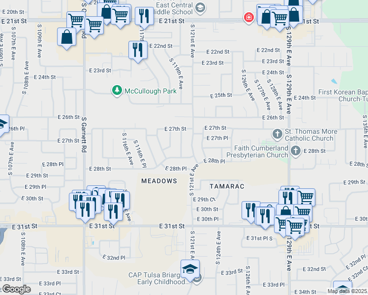 map of restaurants, bars, coffee shops, grocery stores, and more near 2737 South 120th East Avenue in Tulsa