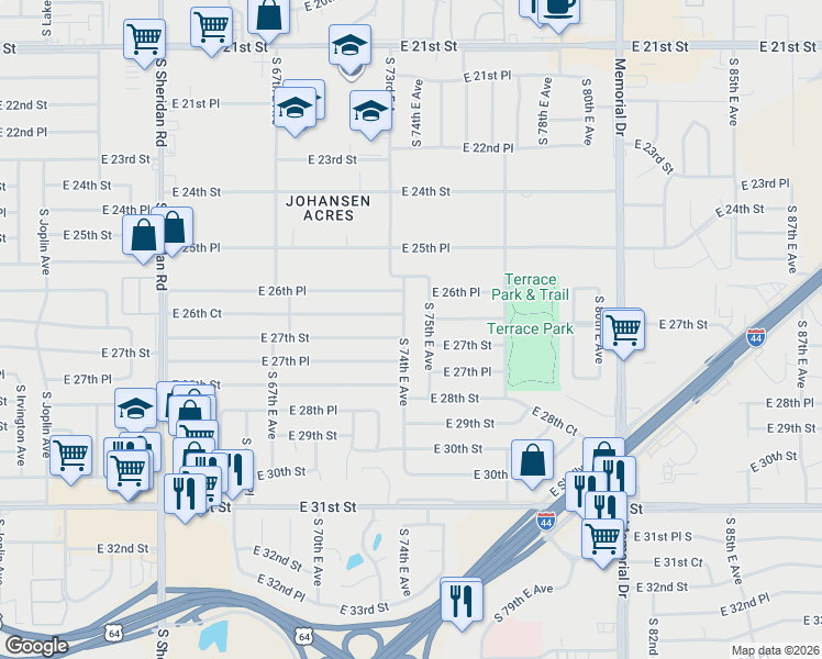 map of restaurants, bars, coffee shops, grocery stores, and more near 2645 South 74th East Avenue in Tulsa