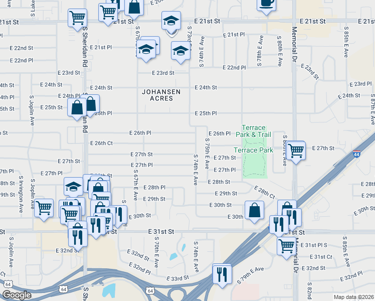 map of restaurants, bars, coffee shops, grocery stores, and more near 6785 East 27th Street in Tulsa
