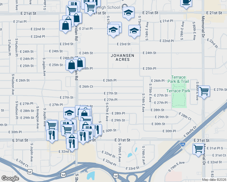 map of restaurants, bars, coffee shops, grocery stores, and more near 6721 East 27th Street in Tulsa