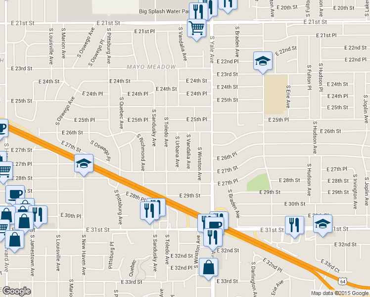 map of restaurants, bars, coffee shops, grocery stores, and more near 2633 South Urbana Avenue in Tulsa