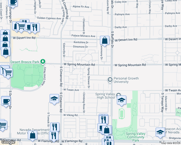 map of restaurants, bars, coffee shops, grocery stores, and more near 3564 Spring Shower Drive in Las Vegas