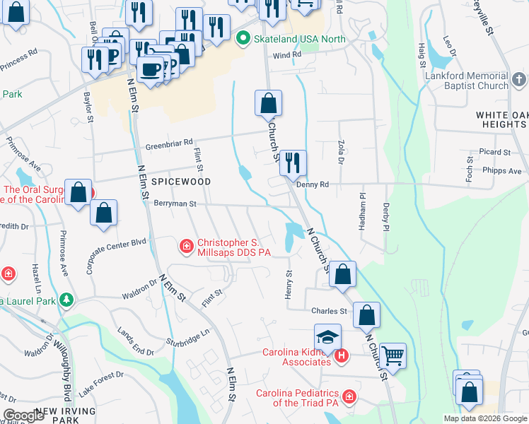 map of restaurants, bars, coffee shops, grocery stores, and more near 207 Berryman Street in Greensboro