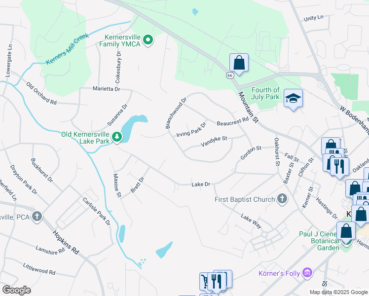 map of restaurants, bars, coffee shops, grocery stores, and more near 925 Branchwood Drive in Kernersville