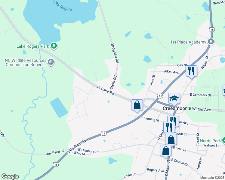 map of restaurants, bars, coffee shops, grocery stores, and more near 516 West Lake Road in Creedmoor