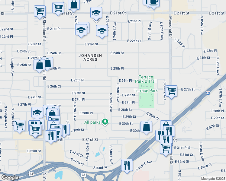 map of restaurants, bars, coffee shops, grocery stores, and more near 2645 South 74th East Avenue in Tulsa