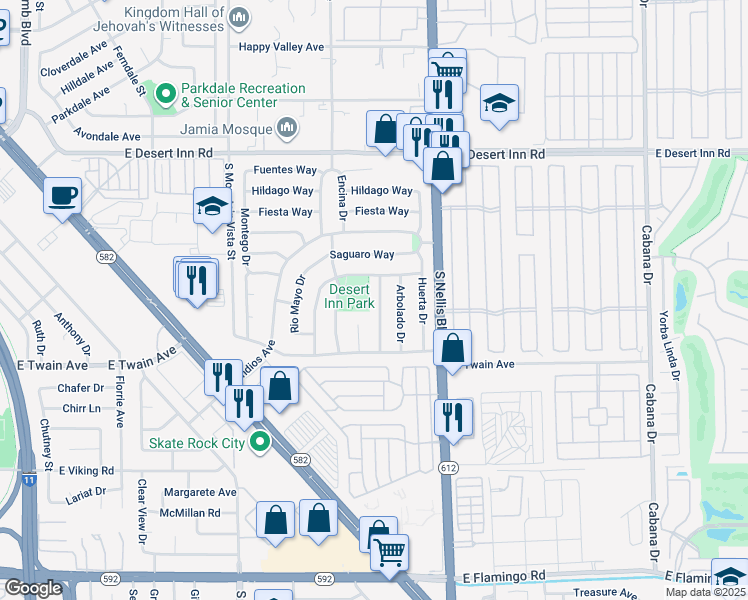 map of restaurants, bars, coffee shops, grocery stores, and more near 3611 Becerro Drive in Las Vegas