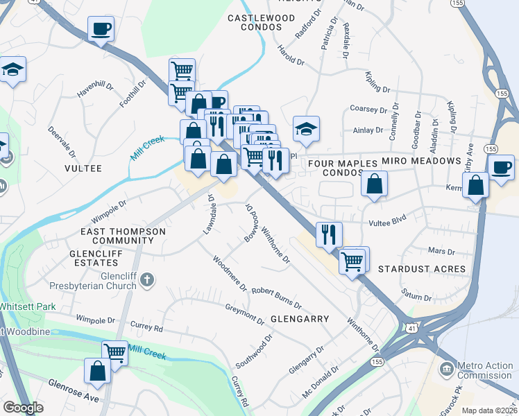 map of restaurants, bars, coffee shops, grocery stores, and more near 308 Bowwood Drive in Nashville