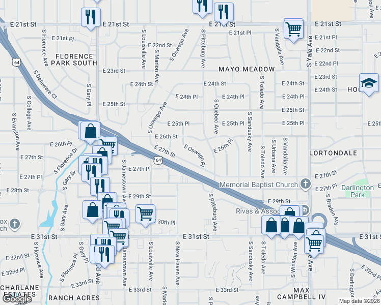 map of restaurants, bars, coffee shops, grocery stores, and more near 2632 South Oswego Place in Tulsa