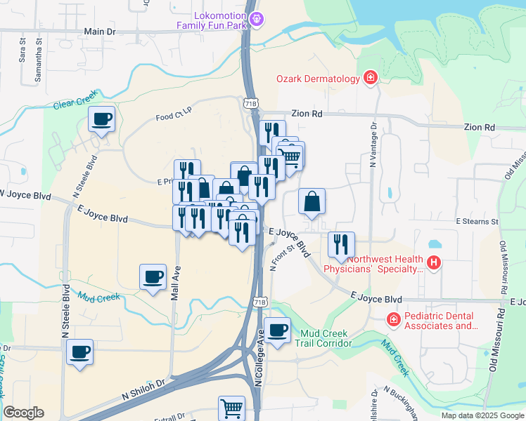 map of restaurants, bars, coffee shops, grocery stores, and more near 4030 North College Avenue in Fayetteville