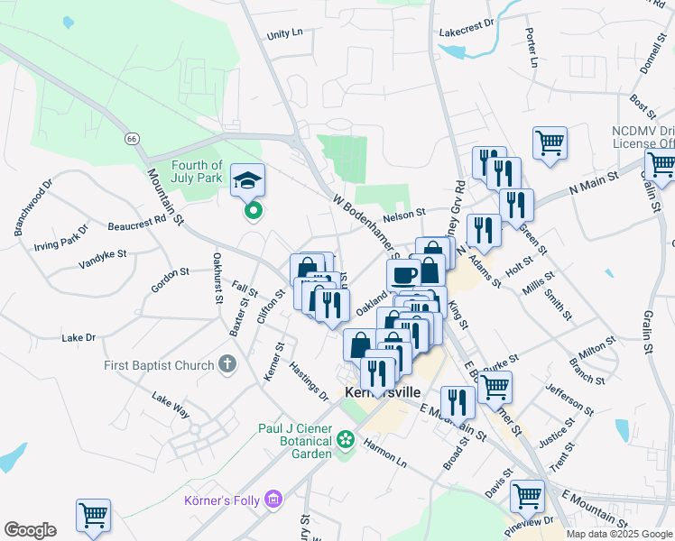 map of restaurants, bars, coffee shops, grocery stores, and more near 211 Dobson Street in Kernersville