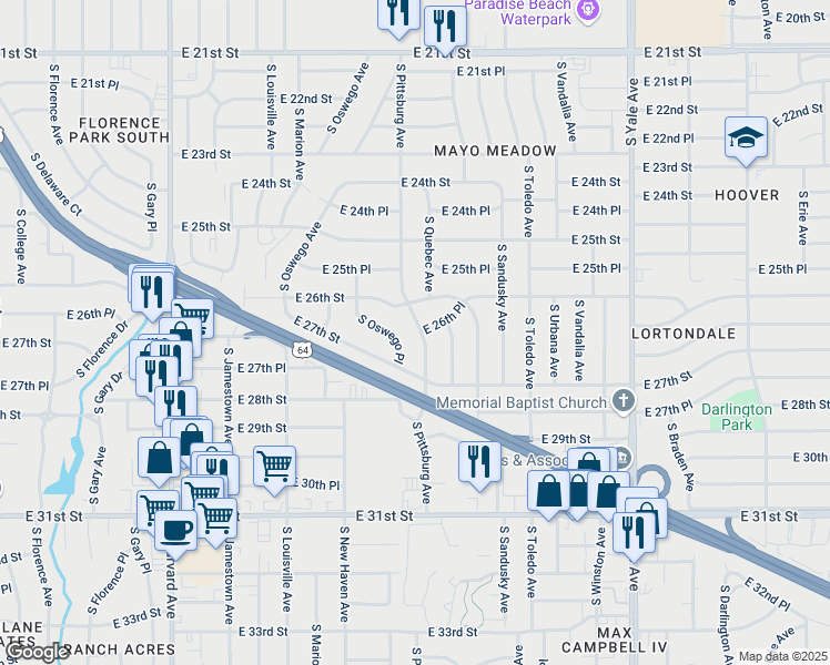map of restaurants, bars, coffee shops, grocery stores, and more near 2626 South Pittsburg Avenue in Tulsa
