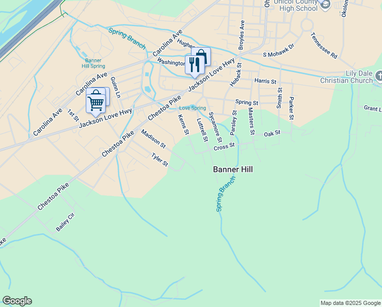 map of restaurants, bars, coffee shops, grocery stores, and more near 145 Kerns Street in Erwin