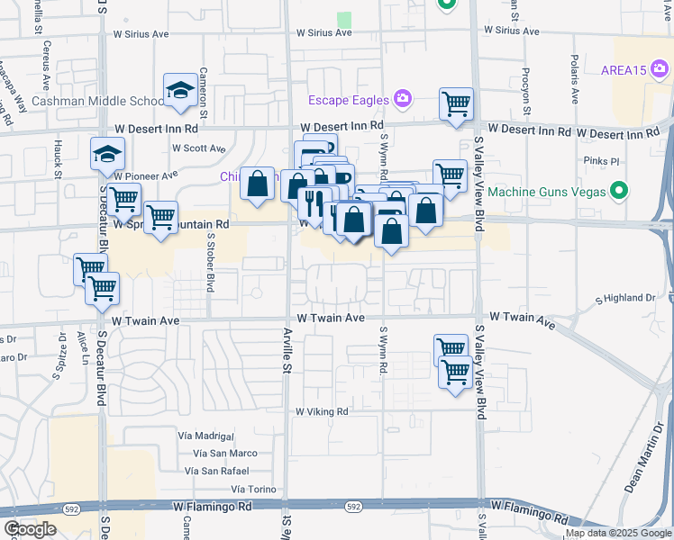 map of restaurants, bars, coffee shops, grocery stores, and more near 4261 Sanderling Circle in Las Vegas