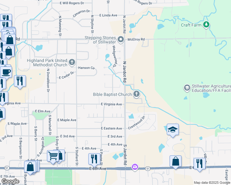map of restaurants, bars, coffee shops, grocery stores, and more near 2002 East Duke Avenue in Stillwater