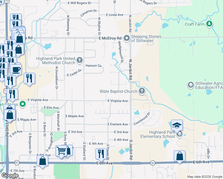map of restaurants, bars, coffee shops, grocery stores, and more near 1822 East Duke Avenue in Stillwater