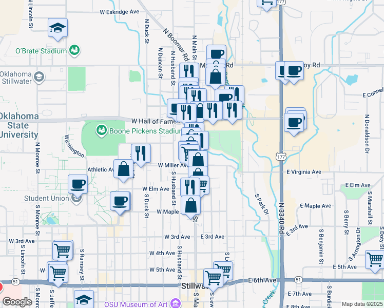 map of restaurants, bars, coffee shops, grocery stores, and more near 224 North Main Street in Stillwater