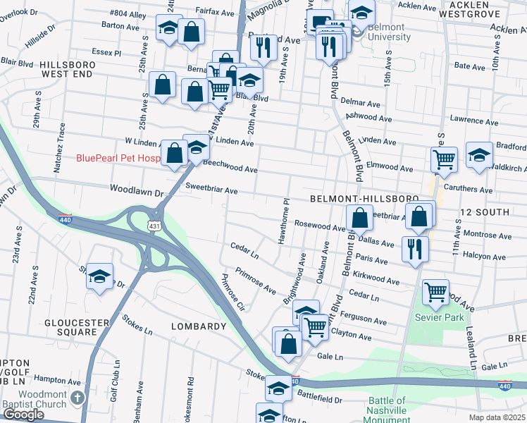 map of restaurants, bars, coffee shops, grocery stores, and more near 2820 Hazelwood Drive in Nashville