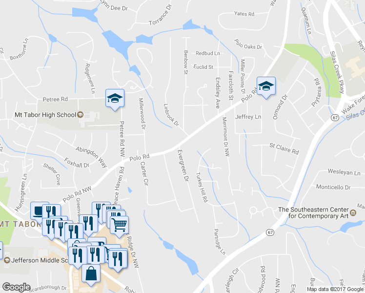map of restaurants, bars, coffee shops, grocery stores, and more near 2624 Polo Road in Winston-Salem