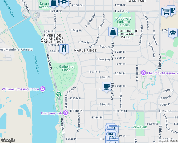 map of restaurants, bars, coffee shops, grocery stores, and more near 215 East 27th Place in Tulsa
