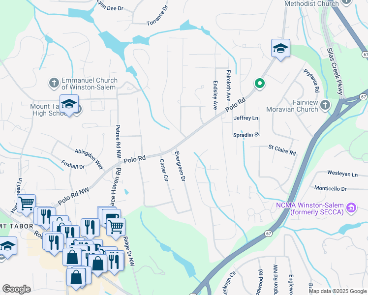 map of restaurants, bars, coffee shops, grocery stores, and more near 2624 Polo Road in Winston-Salem