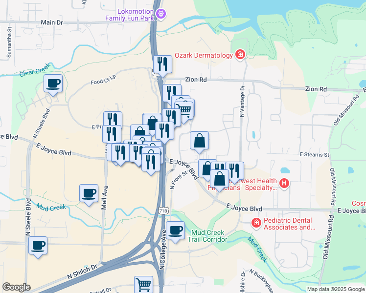 map of restaurants, bars, coffee shops, grocery stores, and more near 4040 Frontage Road in Fayetteville
