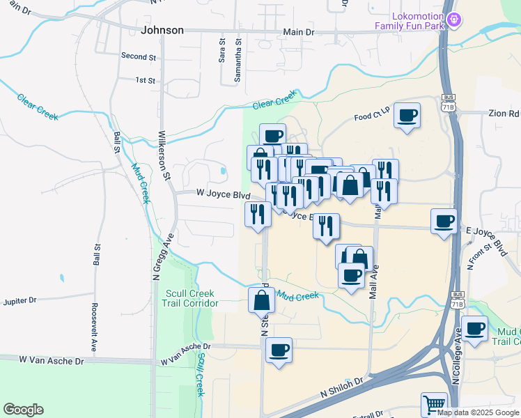 map of restaurants, bars, coffee shops, grocery stores, and more near 4025 North Steele Boulevard in Fayetteville