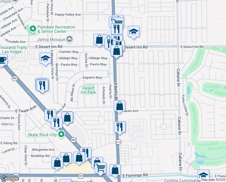 map of restaurants, bars, coffee shops, grocery stores, and more near 3610 Huerta Drive in Las Vegas