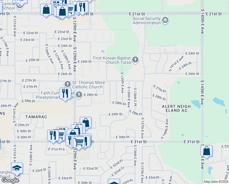 map of restaurants, bars, coffee shops, grocery stores, and more near 2732 South 134th East Avenue in Tulsa