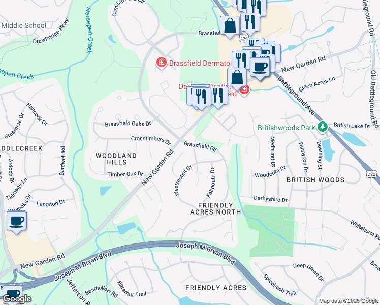 map of restaurants, bars, coffee shops, grocery stores, and more near 14 Westmount Court in Greensboro
