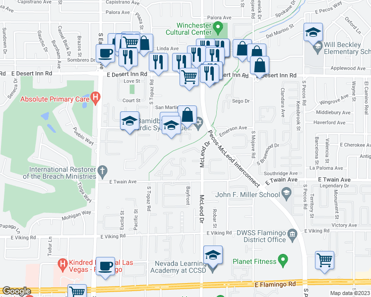 map of restaurants, bars, coffee shops, grocery stores, and more near 2866 East Gables Vale Court in Las Vegas