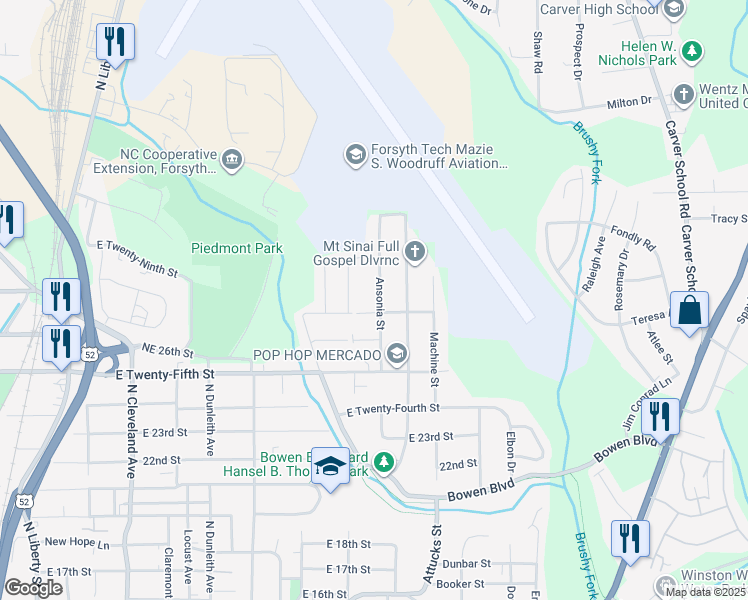 map of restaurants, bars, coffee shops, grocery stores, and more near 2610 Ansonia Street in Winston-Salem
