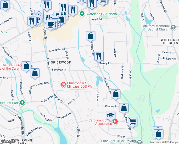 map of restaurants, bars, coffee shops, grocery stores, and more near 207 Berryman Street in Greensboro