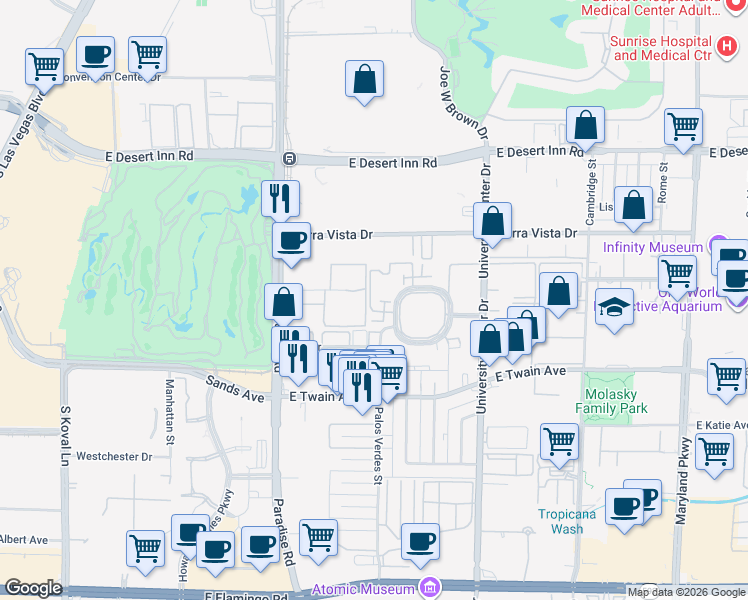 map of restaurants, bars, coffee shops, grocery stores, and more near 524 Delfern Lane in Las Vegas