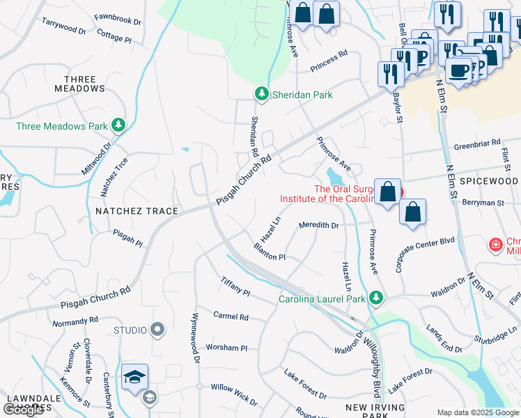 map of restaurants, bars, coffee shops, grocery stores, and more near 3710 Wynnewood Drive in Greensboro